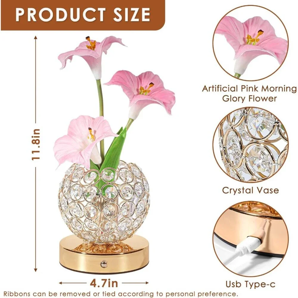 Pink Artificial Flower Rechargeable Morning Crystal Touch Glory Table Lamp Decor